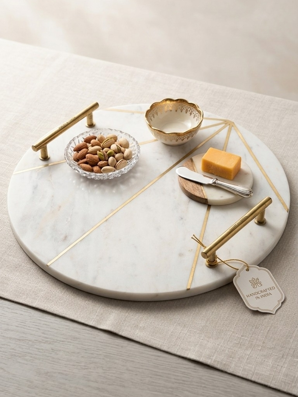 Round White Marble Serving Tray with Gold Accent Handles